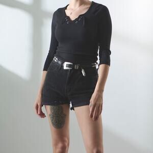 Women’s Black Tie Front Lace Up Quarter Sleeve Top Size XS